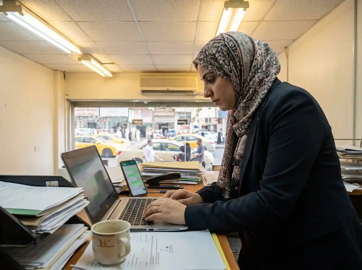 وكلاء الذكاء الاصطناعي العربي — موظفة تقيّم خيارات الأتمتة على اللابتوب في المكتب